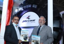Mr. Srinivasu Allaphan, Director-Sales & Marketing, JK Tyre with Mr. VK Misra, Technical Director, JK Tyre & Industries at the launch of their new range of OTR tyres at Excon 2021 in Bangalore